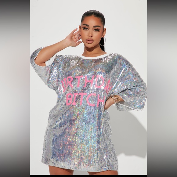 Fashion Nova Birthday B***h Sliver Sequin Mini Dress - Picture 3 of 14